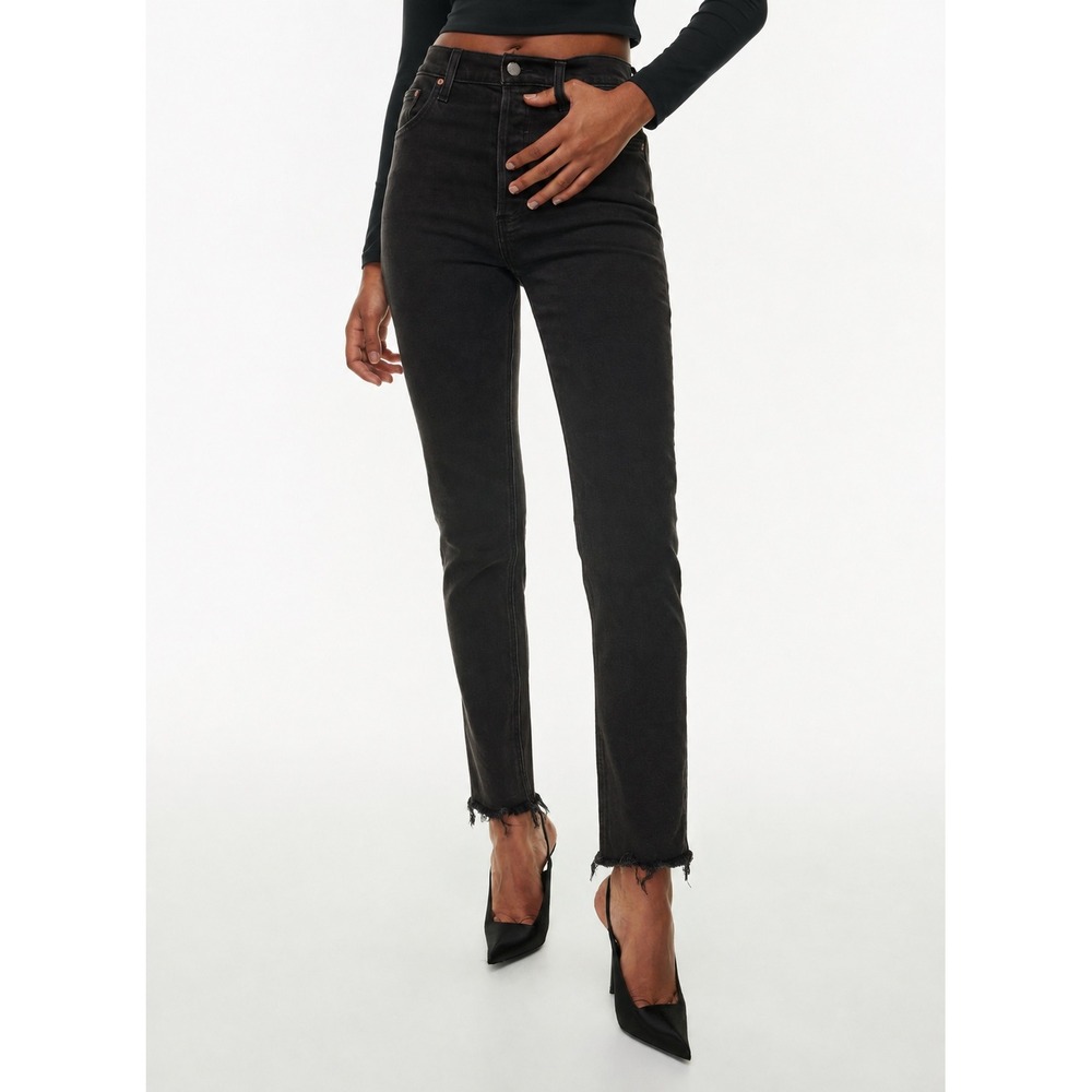 Denim Forum The Yoko High Rise Slim 28L Jeans Washed Black Raw Hem Size 27